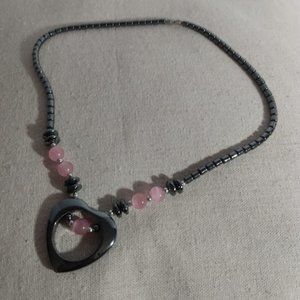 Pretty gray & pink beaded heart necklace.